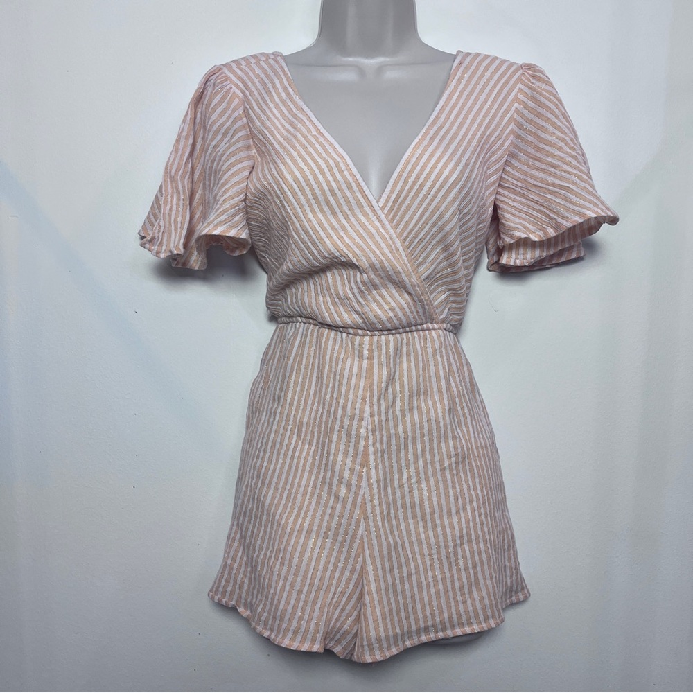 Mi Ami Peach Striped V Neck Flutter Fairy Beach Spring Boho Wrap Romper